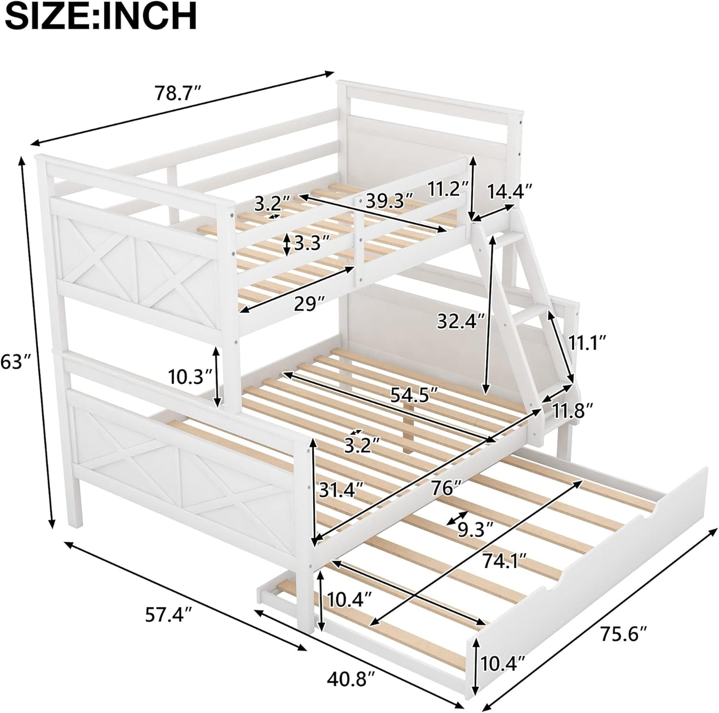 Twin Over Full Bunk Bed With Trundle, Solid Wood Bunk Bed Frame With Ladder And Safety Guardrail, For Kids Teens Adults (White)