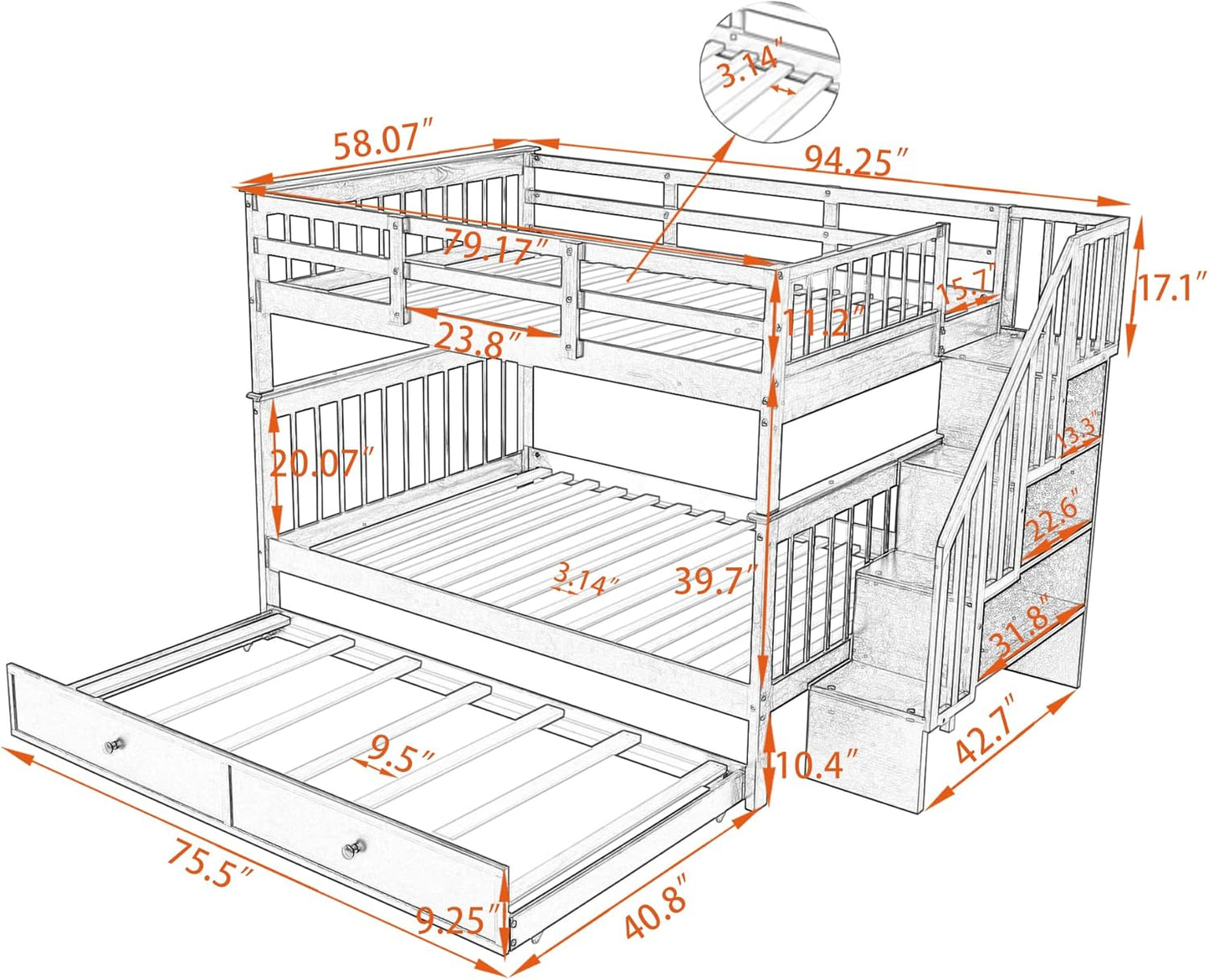 Harper & Bright Designs Stairway Full Over Full Bunk Bed With Trundle,Detachable Bunk Beds Full Over Full For Adults,Wood Full