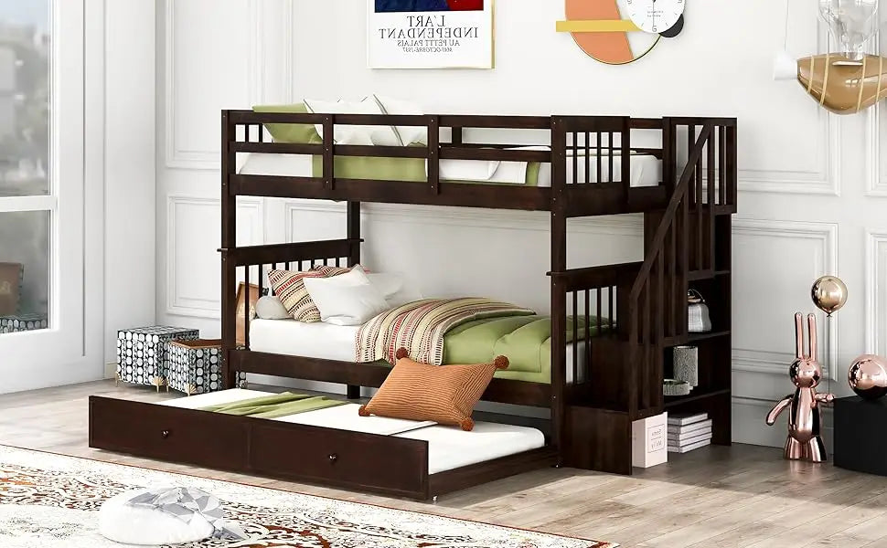 Twin Over Twin Bunk Bed with Stairs and Trundle, Solid Wood Stairway Bunk Bed Frame with Storage, for Kids Teens Adults–Espresso