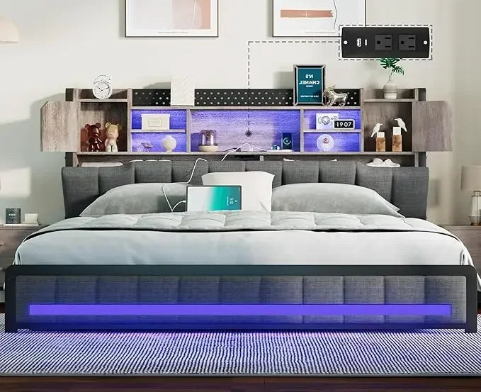 Queen Bed Frame, with 4 Storage Drawers and Bookcase Headboard, Upholstered LED Bed with Type-C & USB Charging Station, Bed