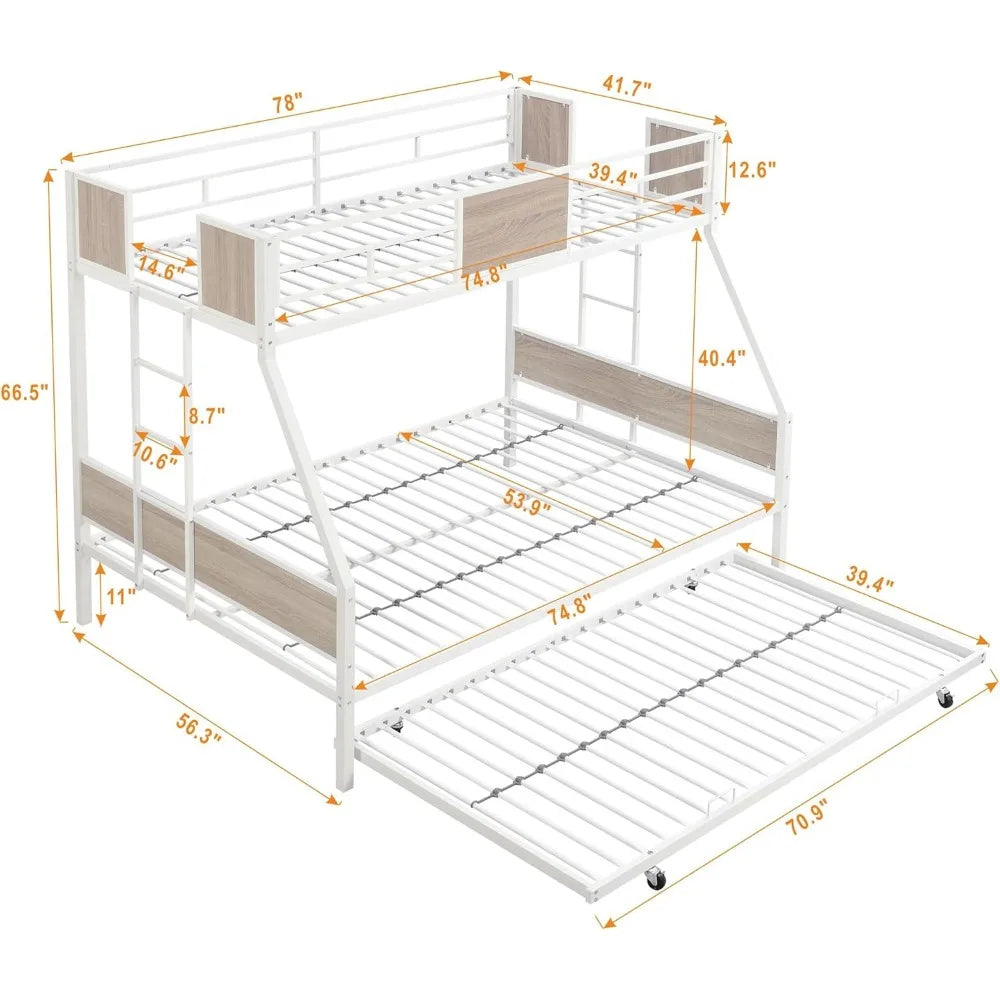 Twin Over Full Bunk Bed with Trundle, Metal Bunk Bed Frame with Safety Guardrail and 2 Ladder for Kids, Adults, Bedroom, No