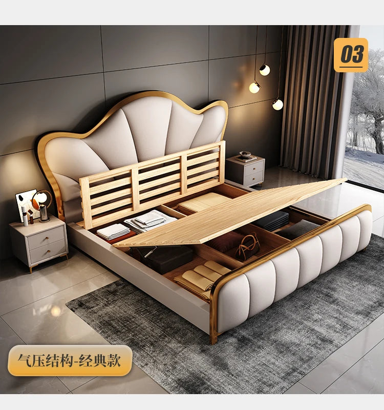 Nordic Luxury Double Bed Modern Wood High End Headboard Frame Double Bed Wedding Confortable Leather Cama De Casal Furnitures