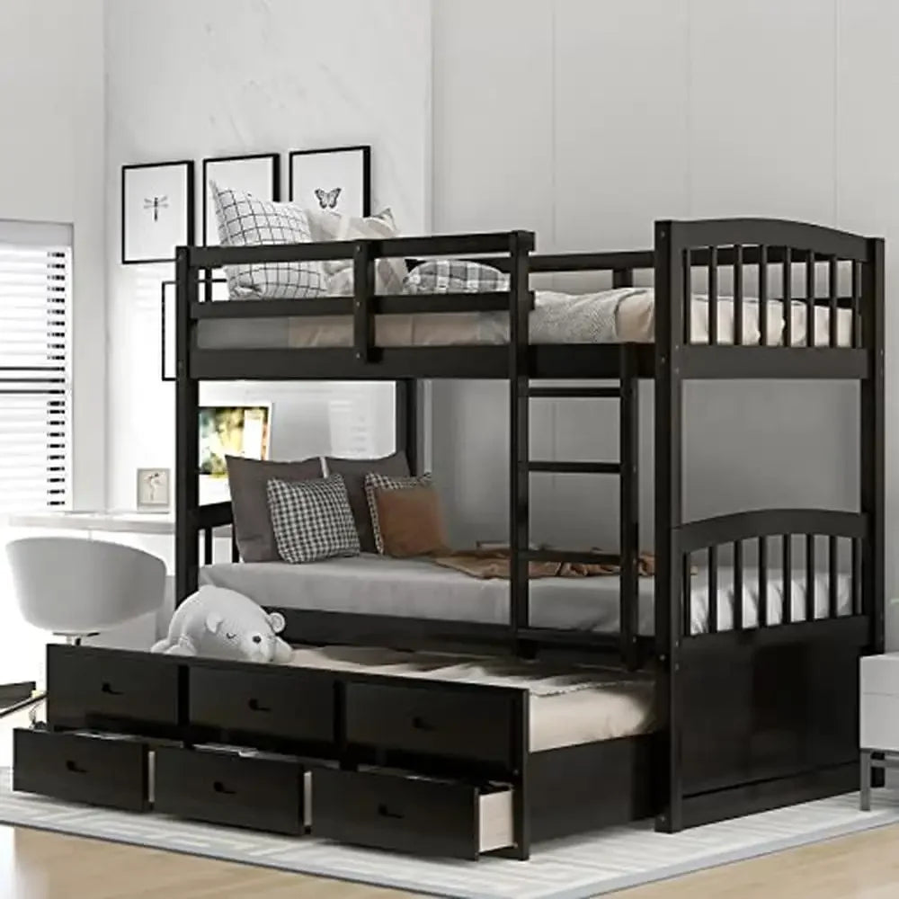 Solid Wood Twin Bunk Bed with Trundle 3 Drawers & Guardrail Sturdy Espresso Frame Kids Teens Adults Separate Beds Option 79.5''L