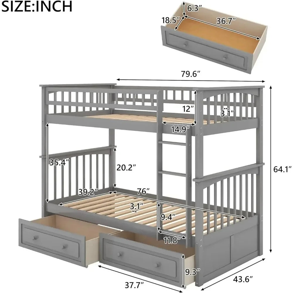 Twin Over Twin/Full Over Full Bunk Bed w/ Storage Drawers, Wooden Bunk Bed w/ Rail Ladder,Can be Convertible to 2 Beds,Grey/Whie