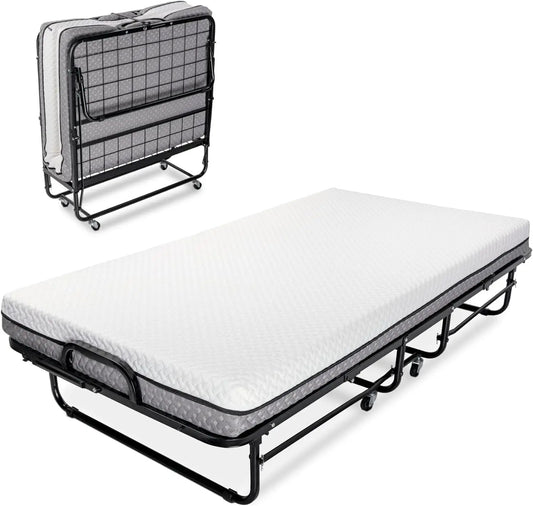 Milliard Deluxe Diplomat Folding Bed – Twin Size with memory foam mattress and sturdy frame, 75” x 38”, perfect for guests.