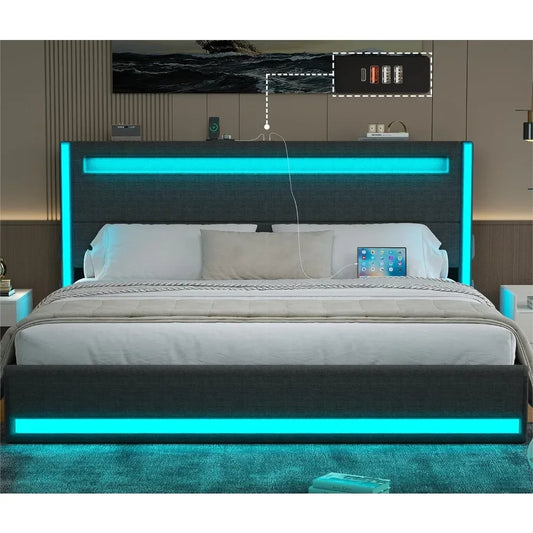 Bed Frame and Adjustable Headboard, Light up King Size Platform Bed Frame with Type-C & USB Charging Station