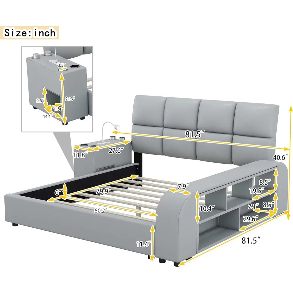 Queen Size Smart Bed Frame，Storage Shelves and Multimedia Nightstand,Upholstered Platform Bed with Headboard,Faux Leather，White