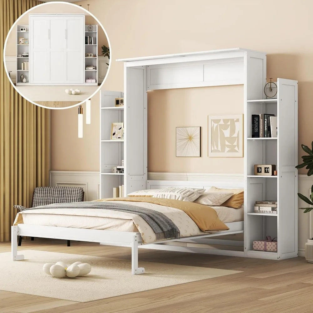 King size Murphy bed, wooden queen wall bed frame with shelves, queen size Murphy cabinet bed, suitable for home, office