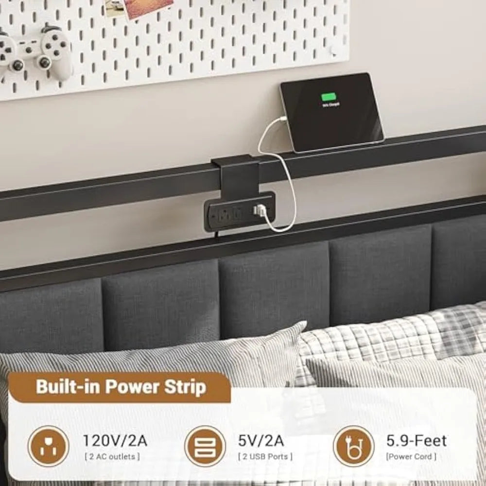 Bed Frame Twin Size with LED Light and Charging Station, Line Fabric Upholstered Twin Bed with 2 Underbed Storage Drawers