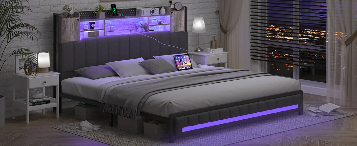 King Bed Frame and Bookcase Storage Headboard, LED Upholstered Bed Frame with Charging Station, Light Up Platform Bed Frame