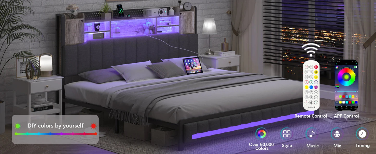 King Bed Frame and Bookcase Storage Headboard, LED Upholstered Bed Frame with Charging Station, Light Up Platform Bed Frame