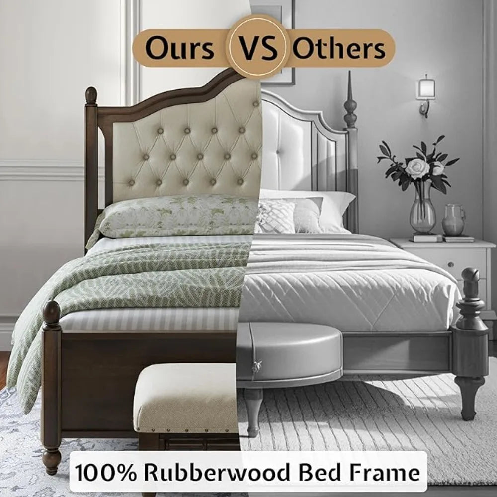 King Size Solid Wood Bed Frame, Transitional Platform Bed with  Upholstered Tufted Headboard, Rubberwood/Roman Column Accents