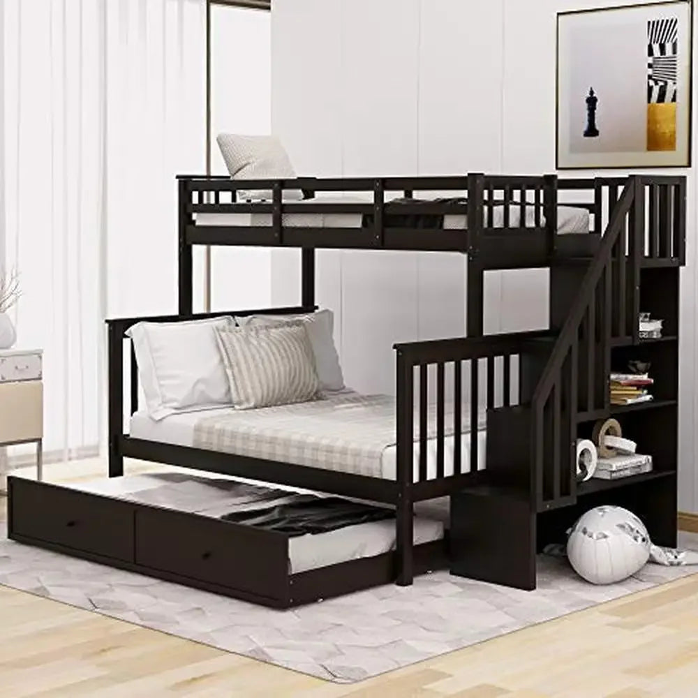 Twin Over Full Bunk Bed with Twin Trundle Stairway Storage Guard Rail Kids Adults Wooden Espresso Solid Pine MDF Functional Safe