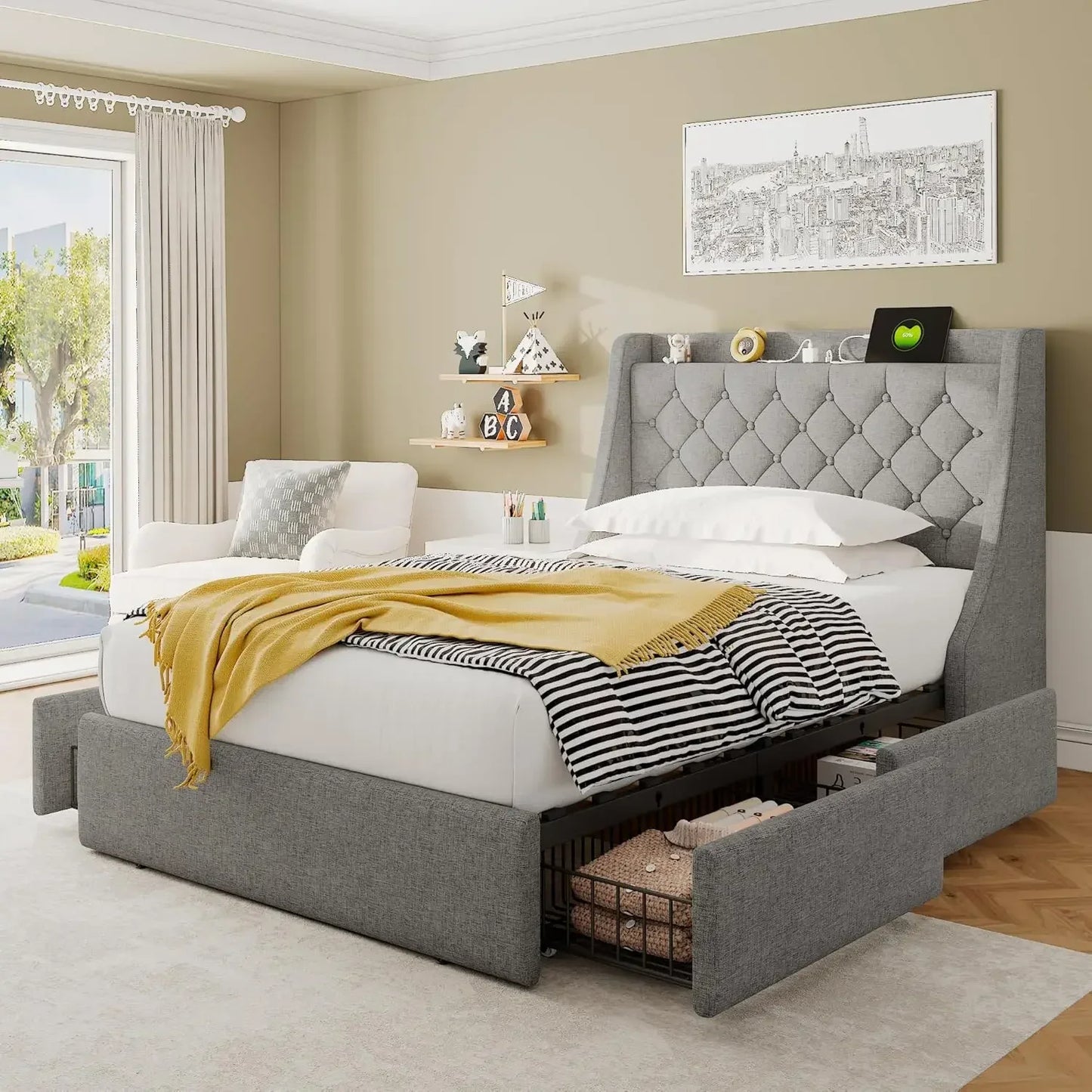 King Bed Frame with 4 Storage Drawers, USB Ports, Wingback Storage Headboard, Solid Wood Slats, No Box Spring Needed, Bed Frame