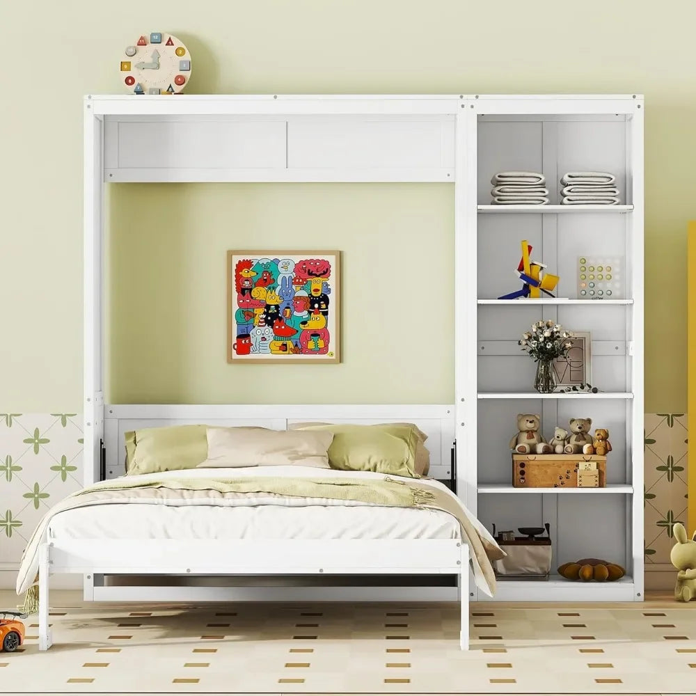 King size Murphy bed, wooden queen wall bed frame with shelves, queen size Murphy cabinet bed, suitable for home, office