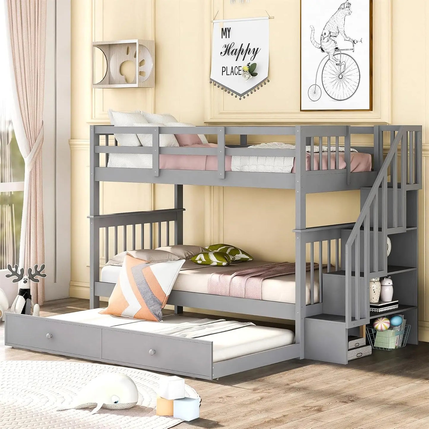 Twin Over Twin Bunk Bed with Stairs and Trundle, Solid Wood Stairway Bunk Bed Frame with Storage, for Kids Teens Adults–Espresso