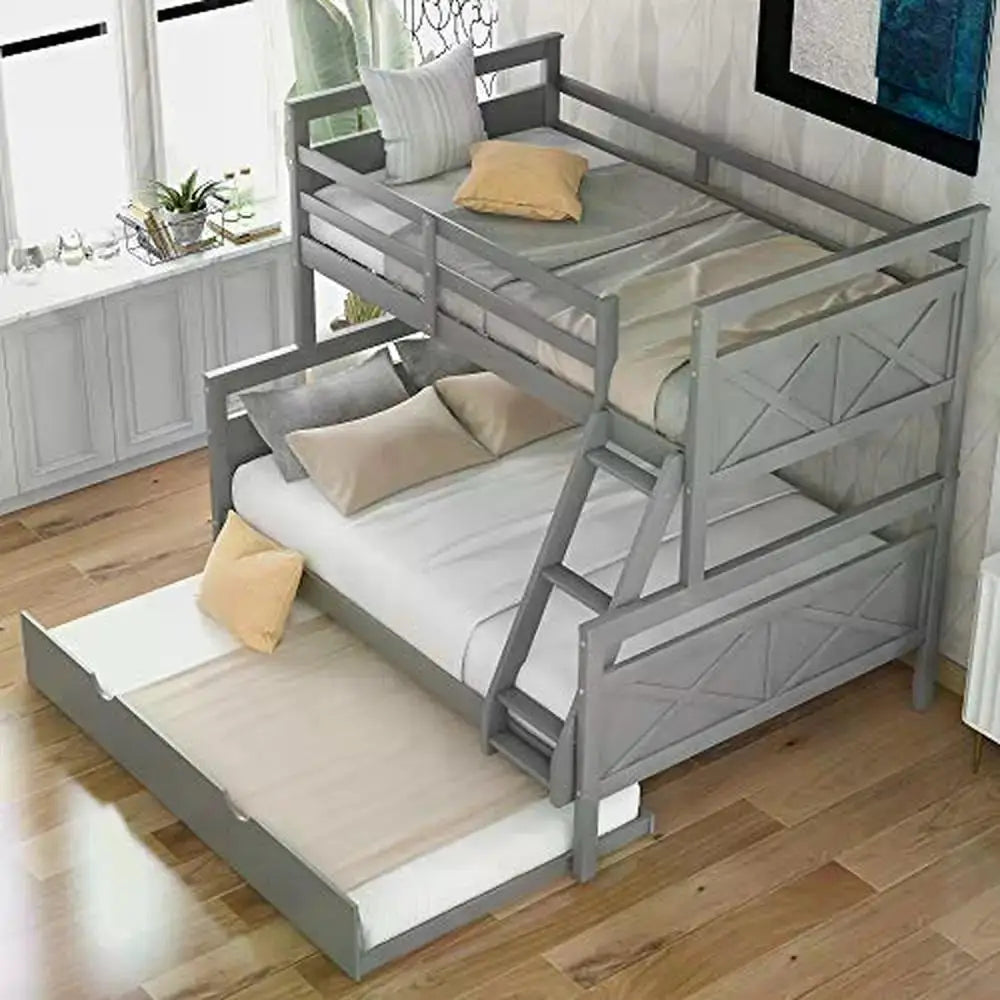 Twin Over Full Bunk Bed with Trundle Solid Wood Frame Guardrail Ladder Grey Finish Sturdy & Space Saving 78.7''L*96.5''W*62.3''H