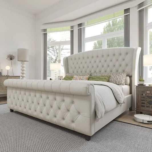 King Size Platform Bed Frame, Chenille Upholstered Sleigh Bed with Scroll Wingback Headboard & Footboard, Bed Frames