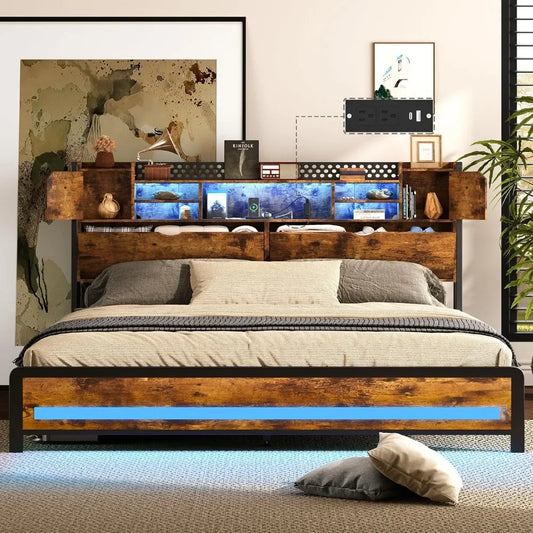 King Size Bed Frame with Charging Station(Type-C & USB Ports), Adjustable RGB LED Light, Storage Headboard with Storage Space