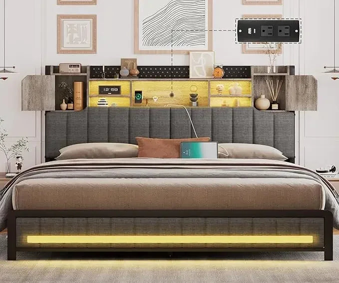 Queen Bed Frame, with 4 Storage Drawers and Bookcase Headboard, Upholstered LED Bed with Type-C & USB Charging Station, Bed