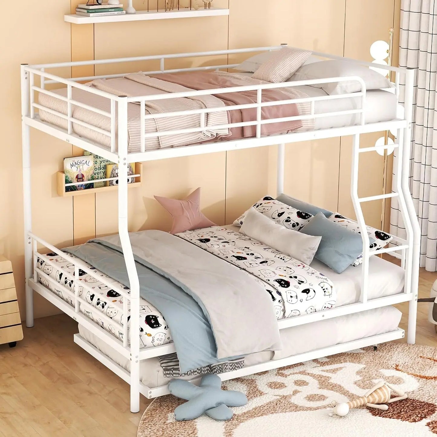 Full Xl Over Queen Bunk Bed With Trundle, Metal Bed Frame With Ladder And Safety Guardrails For Kids/Adult, Can Divided Into 2