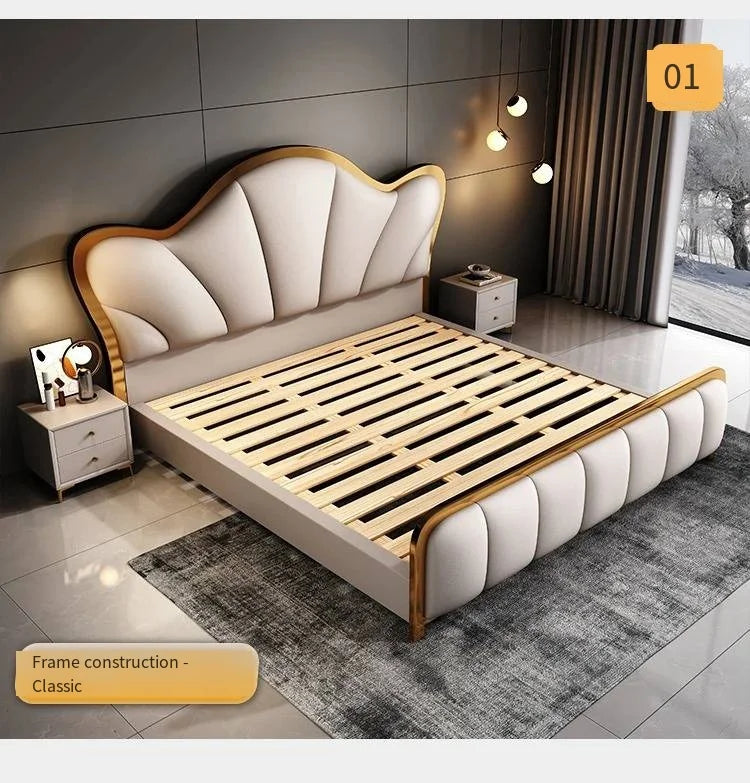 Nordic Luxury Double Bed Modern Wood High End Headboard Frame Double Bed Wedding Confortable Leather Cama De Casal Furnitures