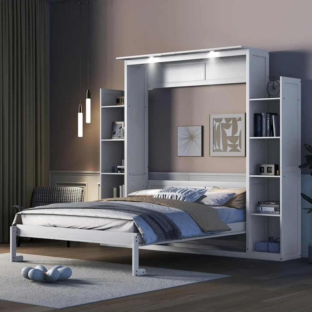 King size Murphy bed, wooden queen wall bed frame with shelves, queen size Murphy cabinet bed, suitable for home, office