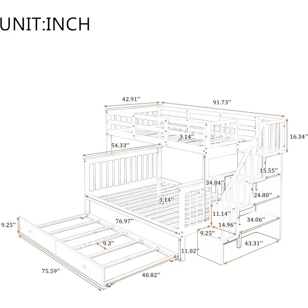 Bunk Bed, with Trundle and Storage Shelves, Twin Over Full Size Bunk SBeds Frame for Kids Teens Adults, Wood Bunk Bed Frame