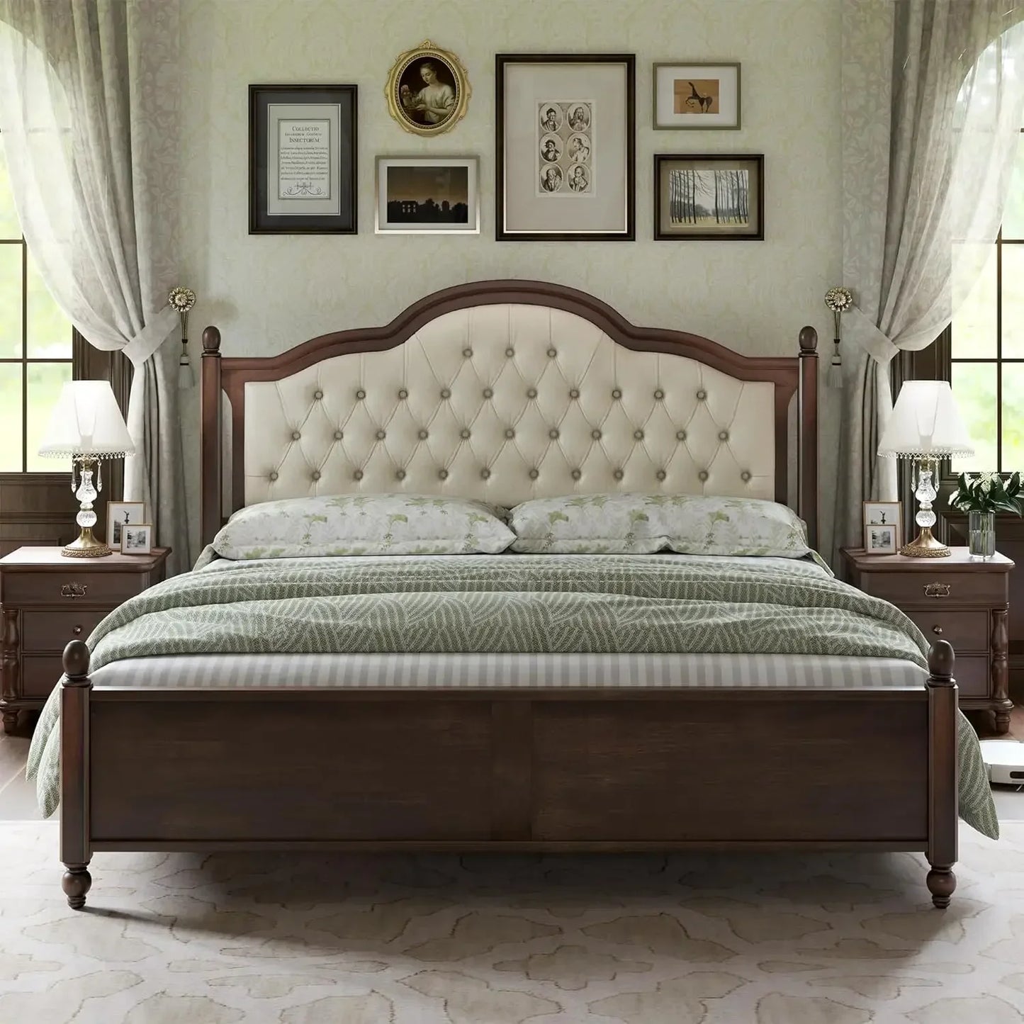 King Size Solid Wood Bed Frame,Transitional Platform Bed with 52.5" Upholstered Tufted Headboard,Rubberwood/Roman Column Accents