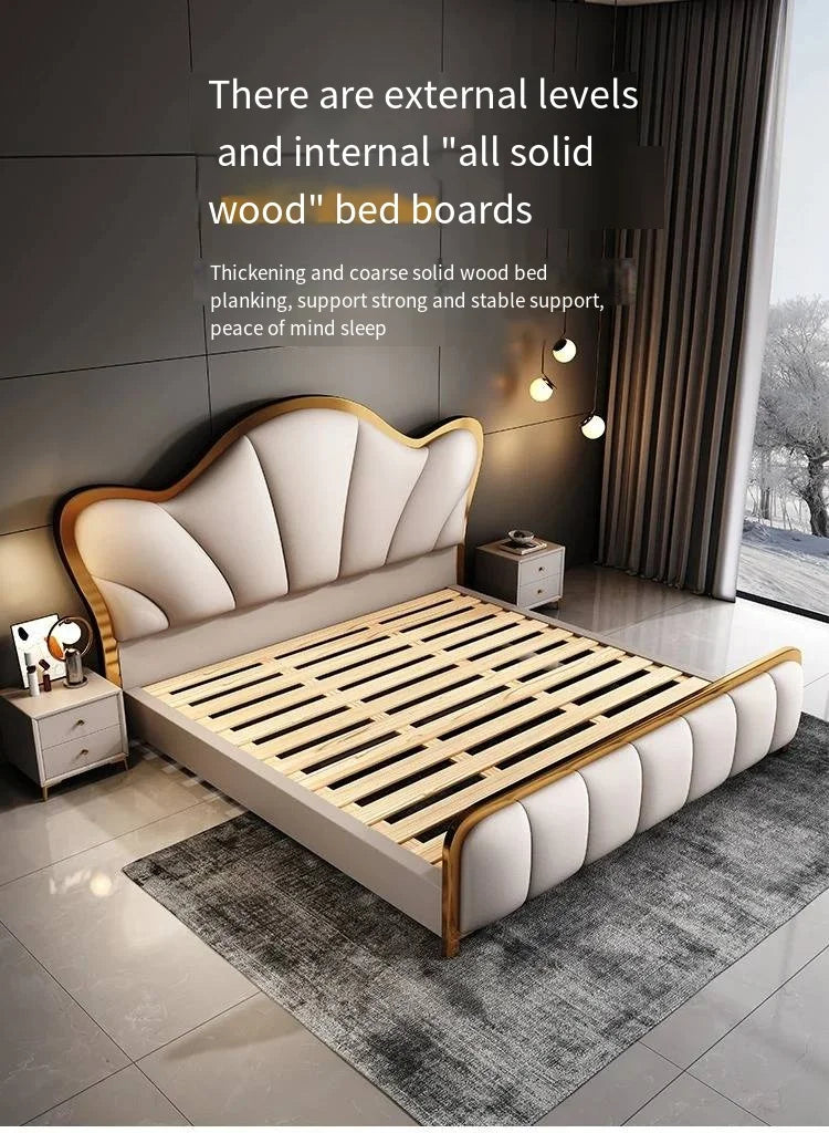 Nordic Luxury Double Bed Modern Wood High End Headboard Frame Double Bed Wedding Confortable Leather Cama De Casal Furnitures