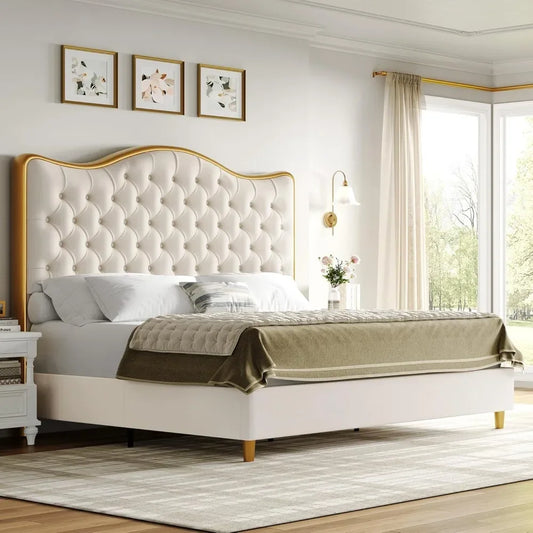 King Size Platform Bed Frame with 55" Tall Curved Headboard, Linen Modern Upholstered Bed Frame