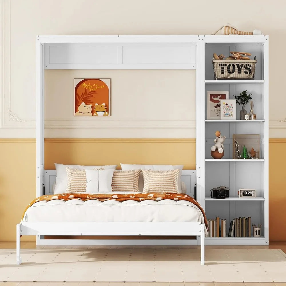 King size Murphy bed, wooden queen wall bed frame with shelves, queen size Murphy cabinet bed, suitable for home, office