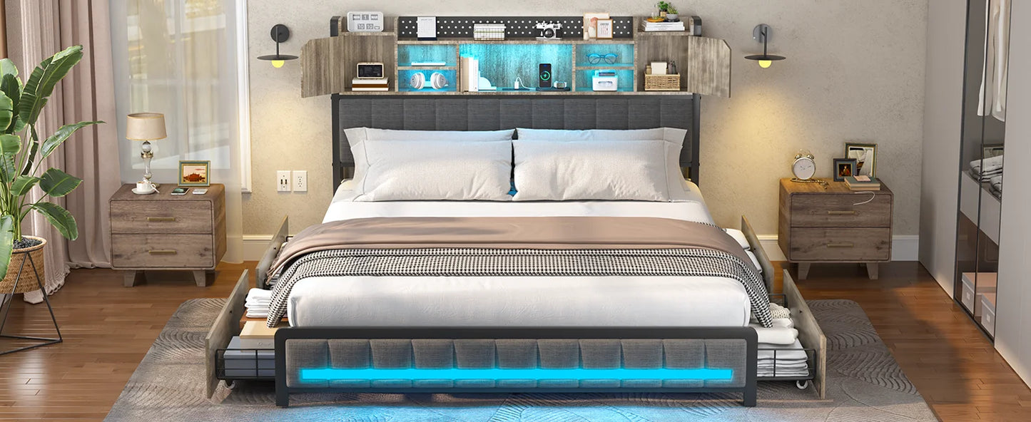 Queen Bed Frame, with 4 Storage Drawers and Bookcase Headboard, Upholstered LED Bed with Type-C & USB Charging Station, Bed