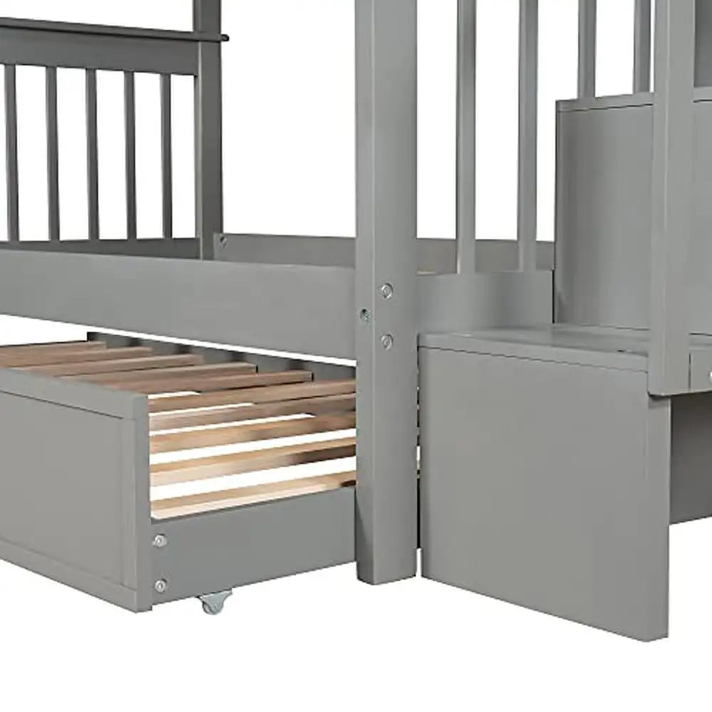 Solid Wood Twin Bunk Bed with Stairs Trundle & Storage Durable Frame Kids Teens Adults Gray Modern Country Style Twin over Twin