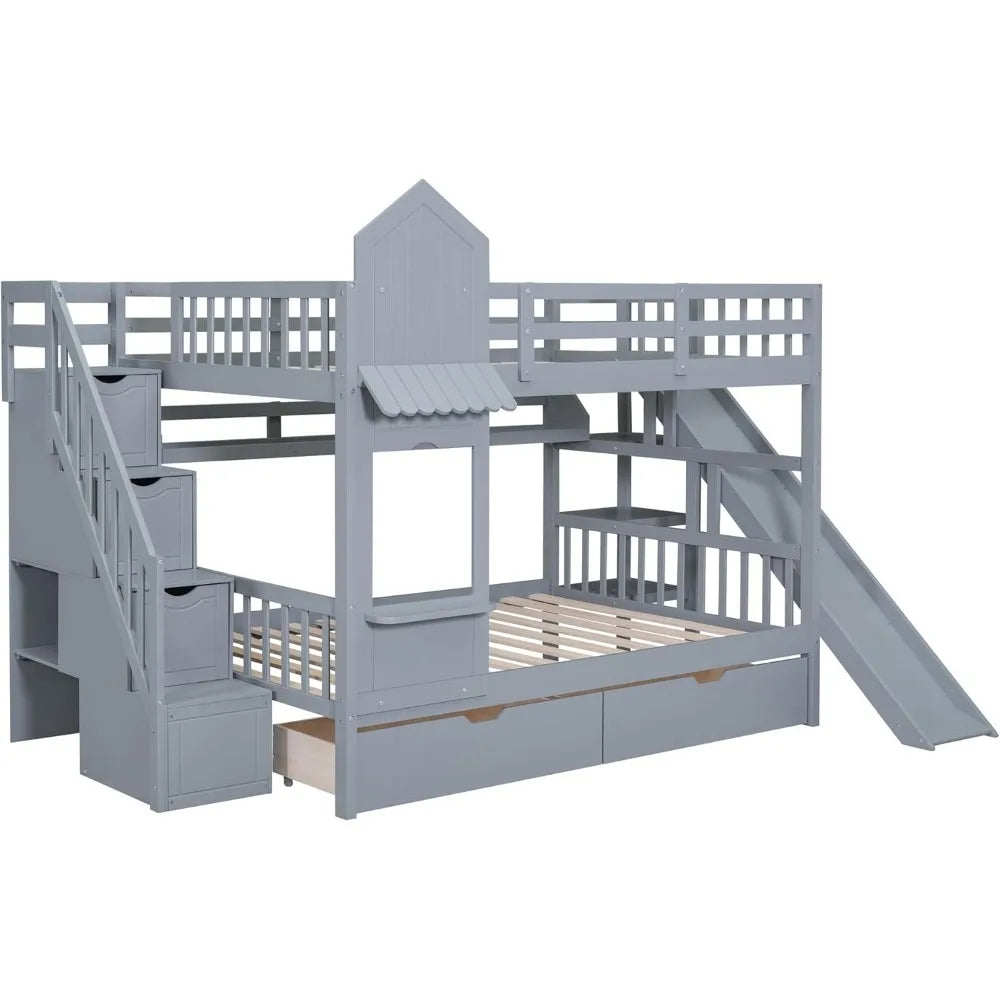 Kids Bunk Bed with Stairs & Slide, Wooden Full Over Full Bunk Bed with Storage, Castle Style Bunk Beds for Kids Teens Girls Boys