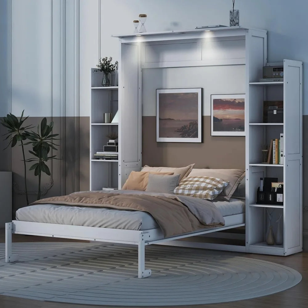 King size Murphy bed, wooden queen wall bed frame with shelves, queen size Murphy cabinet bed, suitable for home, office