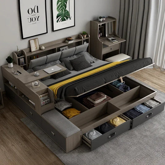 Nordic Modern Double Bed Simple Storage Small Apartment Box Bed Tatami Board Cama Bedroom Set Furniture Queen