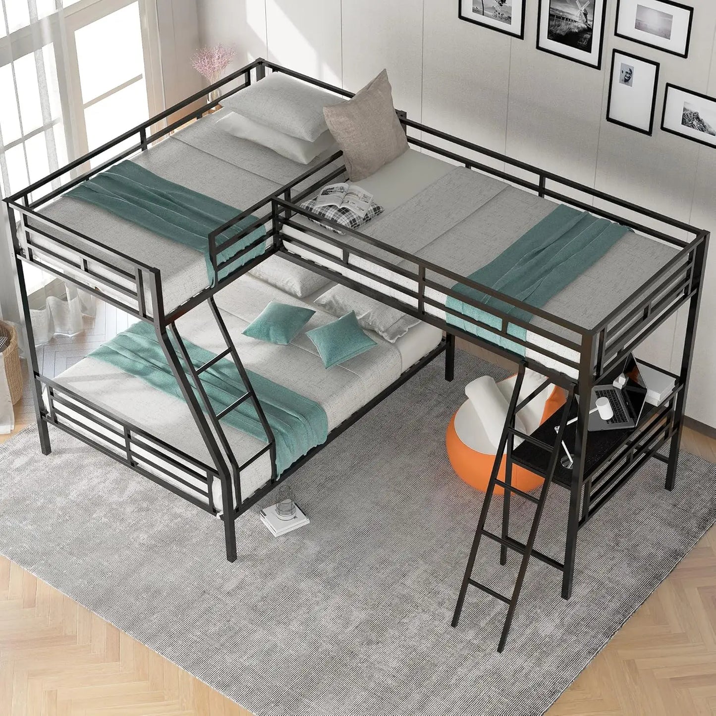 L-Shaped Metal Corner Bunk Bed with Loft Built-in Shelves Twin Over Full Black No Box Spring Needed 117"L x 77.9"W x 57.7"H