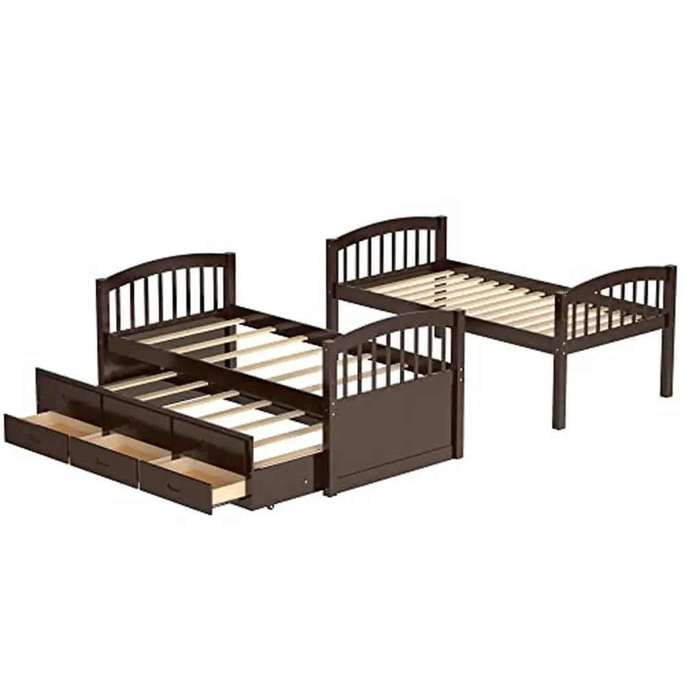 Solid Wood Twin Bunk Bed with Trundle 3 Drawers & Guardrail Sturdy Espresso Frame Kids Teens Adults Separate Beds Option 79.5''L