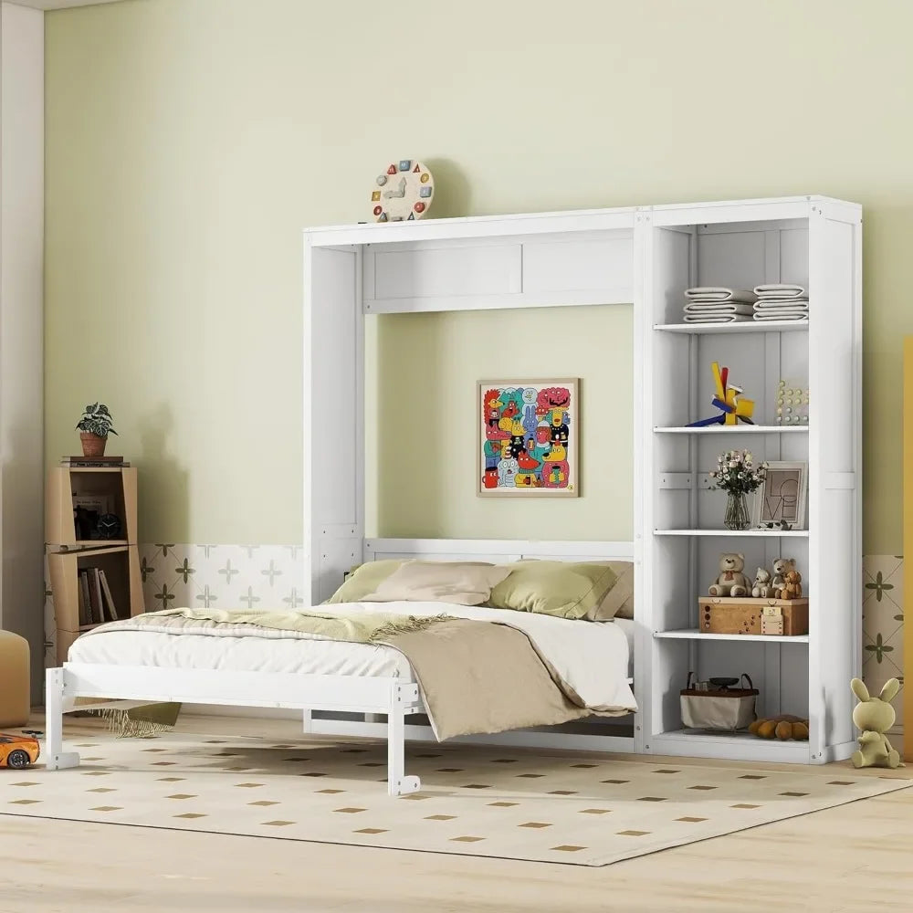 King size Murphy bed, wooden queen wall bed frame with shelves, queen size Murphy cabinet bed, suitable for home, office