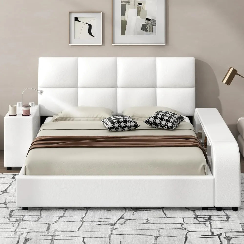 Queen Size Smart Bed Frame，Storage Shelves and Multimedia Nightstand,Upholstered Platform Bed with Headboard,Faux Leather，White