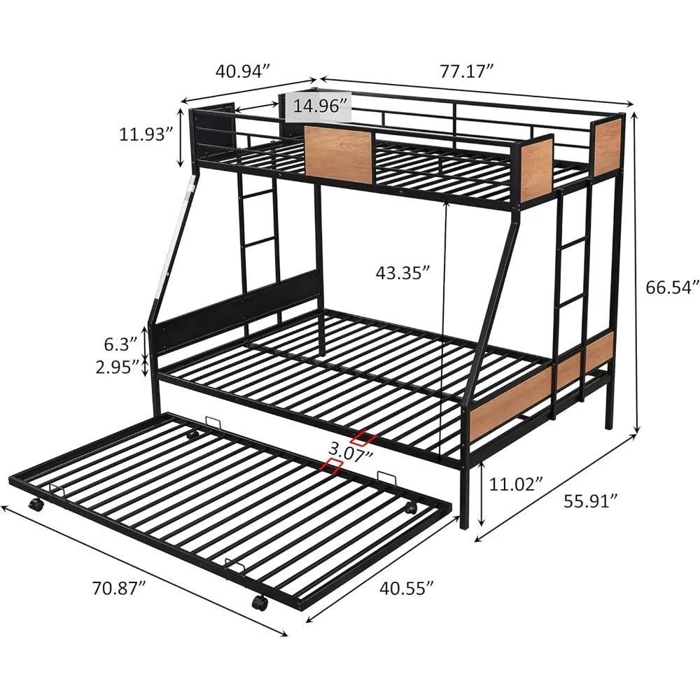 Twin Over Full Bunk Beds with Trundle, Bed Frame with Safety Rail Side Ladders for Dormitory Bedroom Boys Girls Adults, (Black)