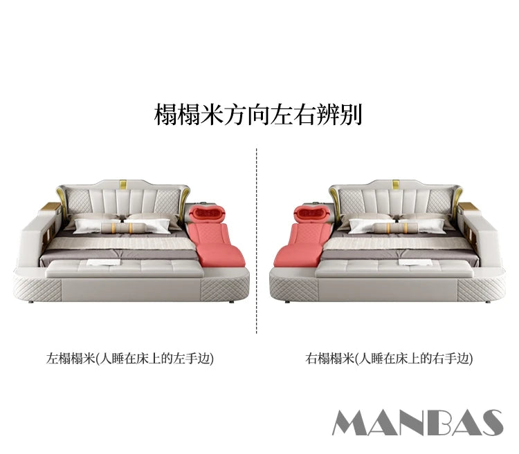 Tech Smart Bed 2 People with King Size Bed Frame Queen, Genuine Leather, Massage, USB, Bluetooth Speaker, and Safe By MINGDIBAO