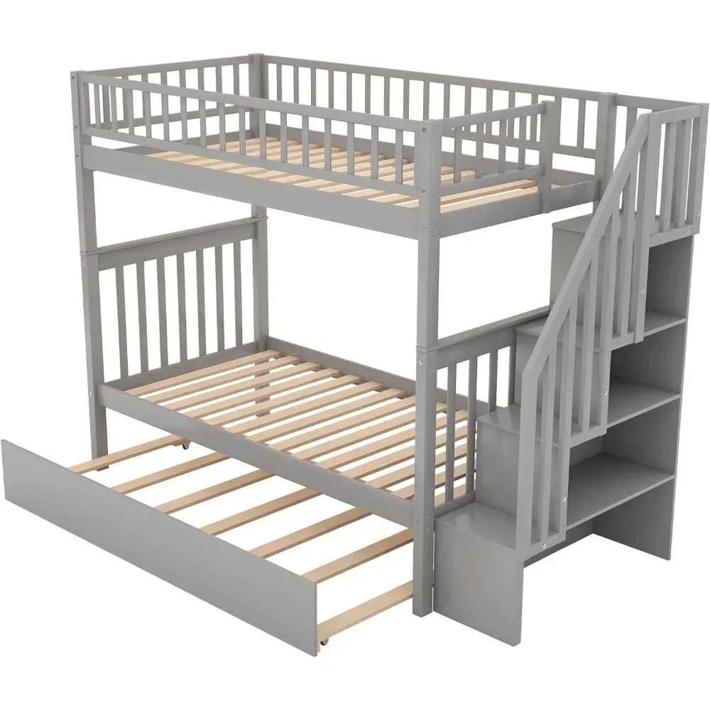 Bunk Beds Twin Over Twin Size, Solid Wood Bunk Beds with Trundle and Stairs for Kids,Toddler,Teens,Adults Grey, Bunk Bed