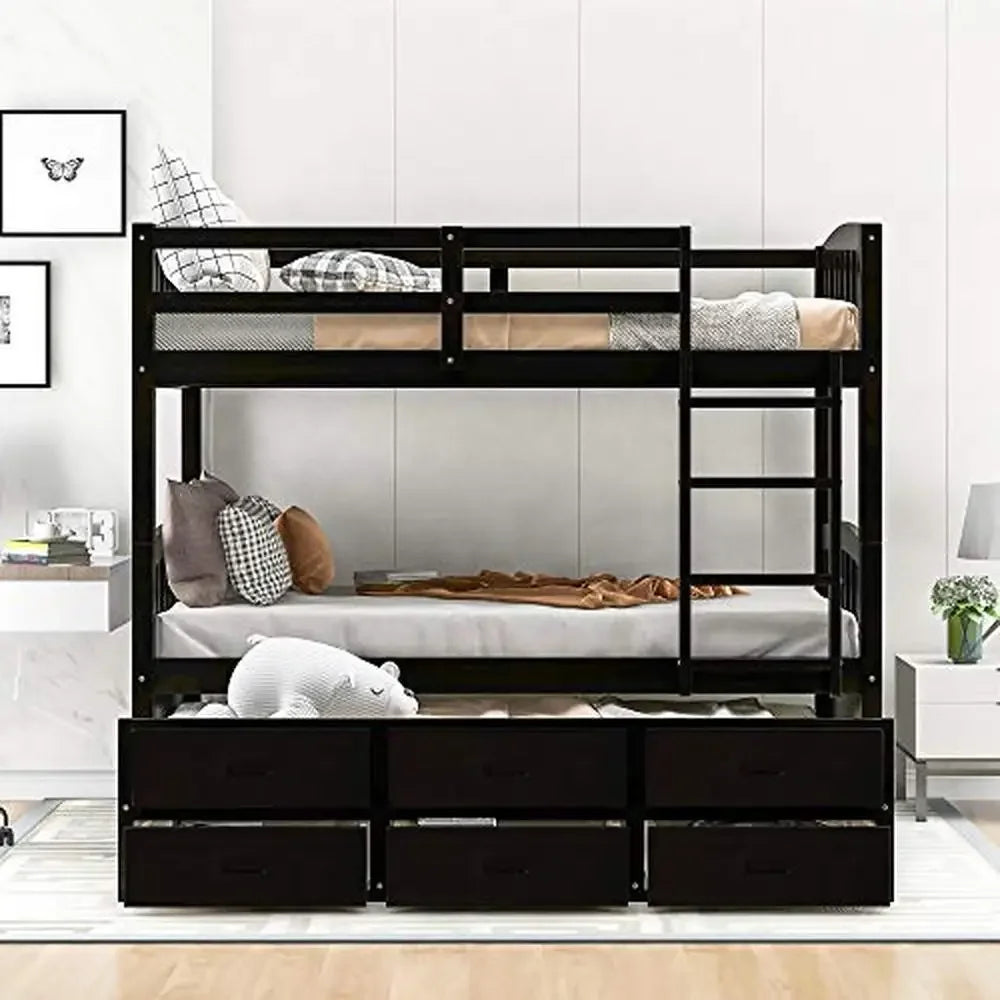 Solid Wood Twin Bunk Bed with Trundle 3 Drawers & Guardrail Sturdy Espresso Frame Kids Teens Adults Separate Beds Option 79.5''L