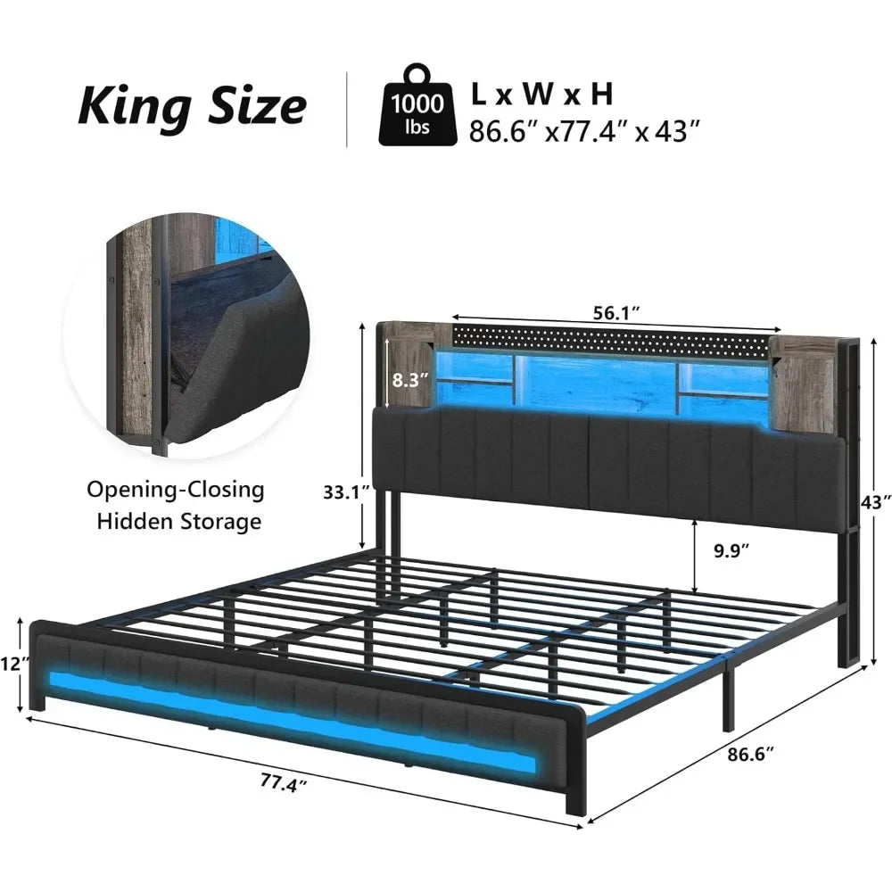 King Size Bed Frame and Bookcase Storage Headboard, LED Upholstered Bed Frame King with Charging Station, Light up King Size