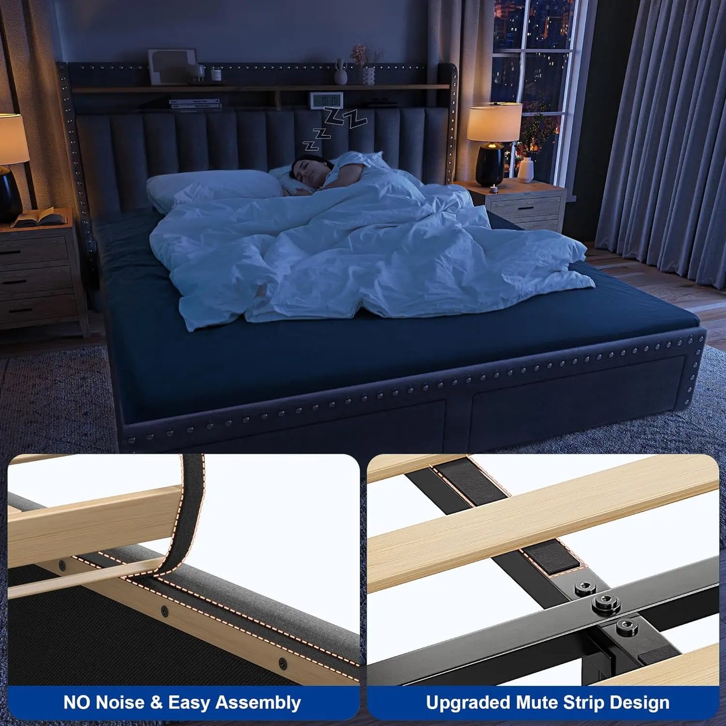 EH queen bed frame with headboard and storage space cushion, queen size bed frame with 2 drawers, noiseless box springs