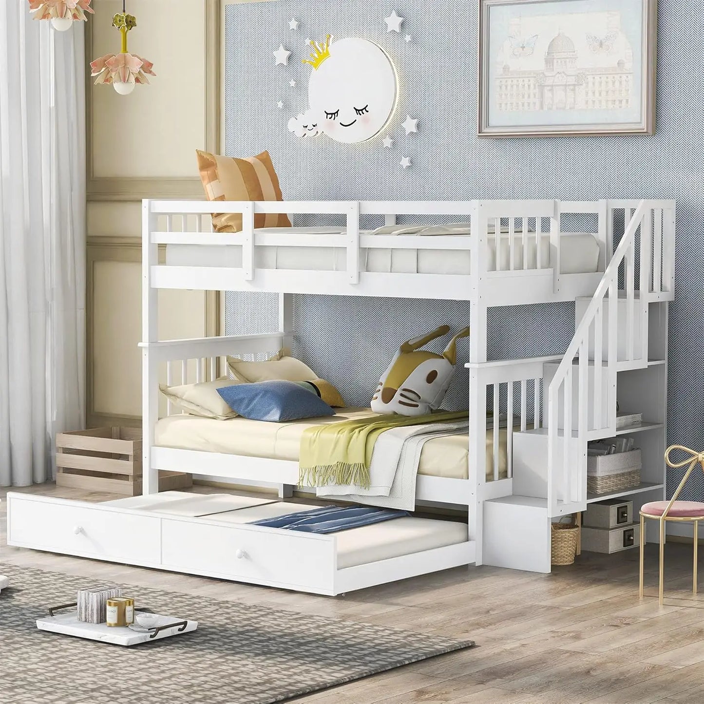 Twin Over Twin Bunk Bed with Stairs and Trundle, Solid Wood Stairway Bunk Bed Frame with Storage, for Kids Teens Adults–Espresso