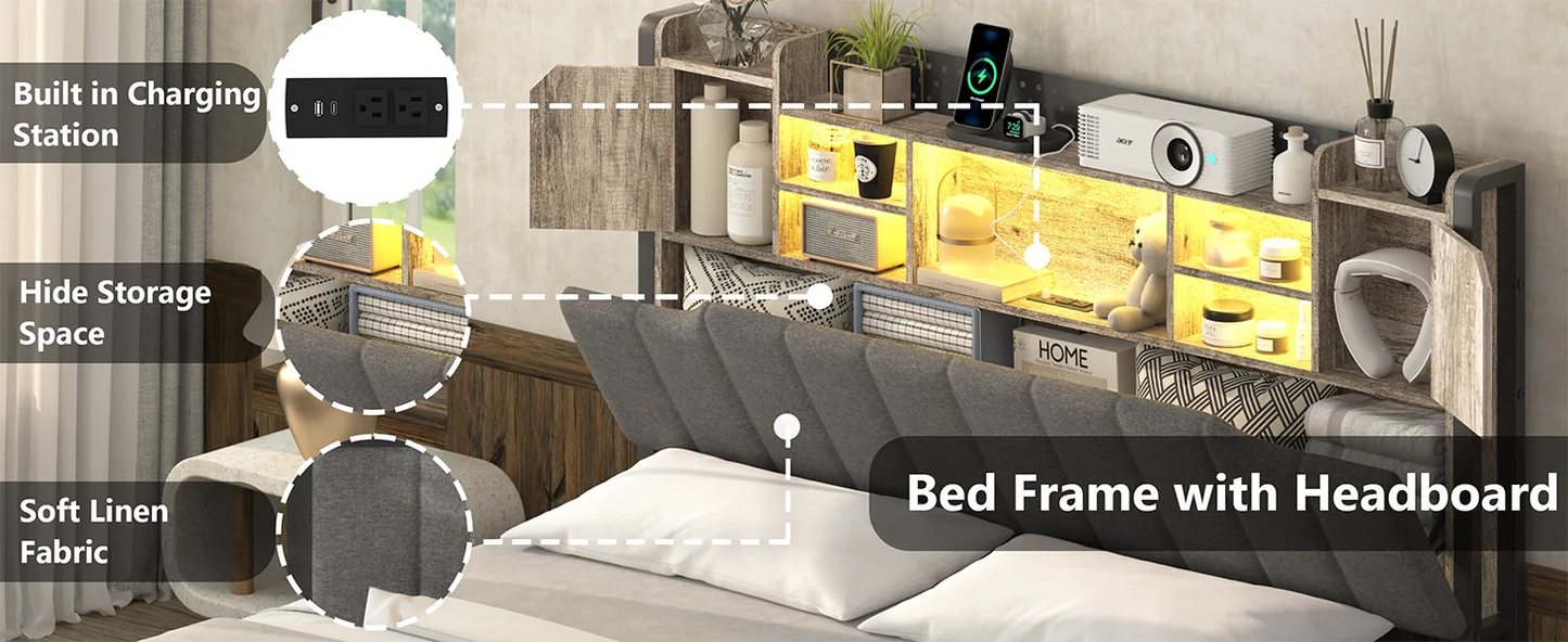 King Bed Frame and Bookcase Storage Headboard, LED Upholstered Bed Frame with Charging Station, Light Up Platform Bed Frame