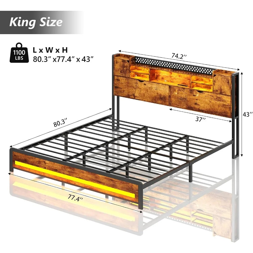 King Size Bed Frame, LED Bed Frame with USB Charging Station, Metal Platform Bed Frame King with Hidden Storage Space